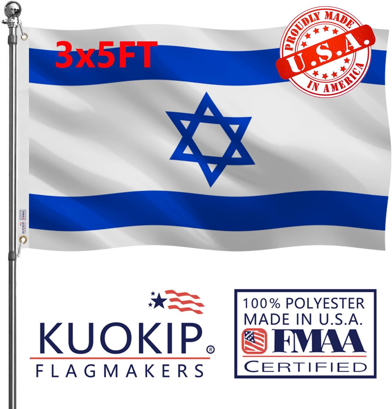 Photo 1 of *** SIMILAR IMAGE UNKNOWN SIZE OR MODEL***8Double Sided The State of Israel Flag 3x5 Made in USA Outdoor Heavy Duty 3 Ply Polyester The Israeli ISR Flags with White Starting Tape and 2 Brass Grommets