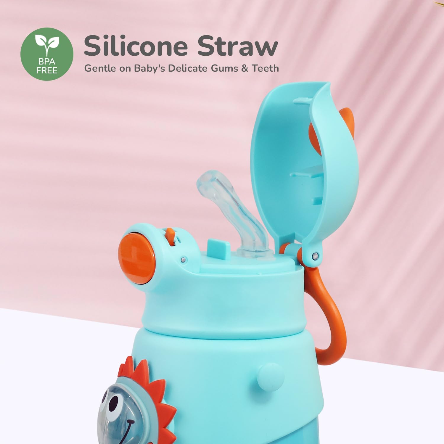 R for Rabbit Steebo Zoobie Premium Stainless Steel Water Sipper for Baby, Spill Proof BPA Free Soft Silicone Straw Drinking Sipper for Kids of 12+ Months (550ml, Blue Dino) - Image 4 thumbnail