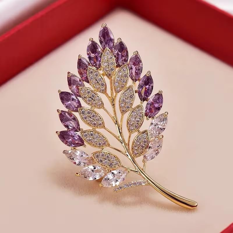 Leaf Design Crystal Brooch Pin for Women – Trendy Crystal Feather Brooch Pin for Women | Gold Plated Purple & White Cubic Zirconia Leaf Jewelry for Saree