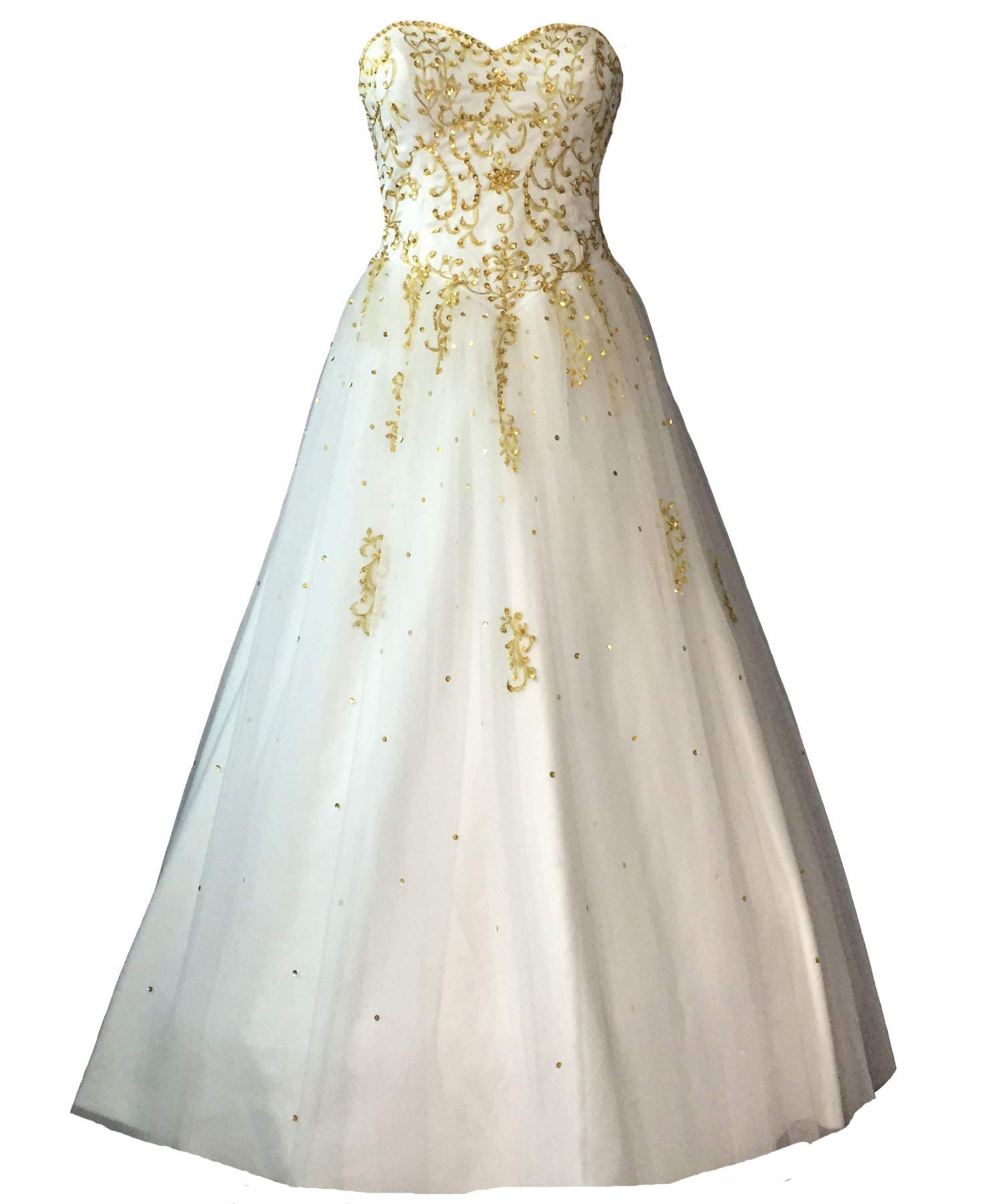 Lemai Sweetheart Gold Embroidery Beaded Long A Line Tulle White Prom Wedding Dresses