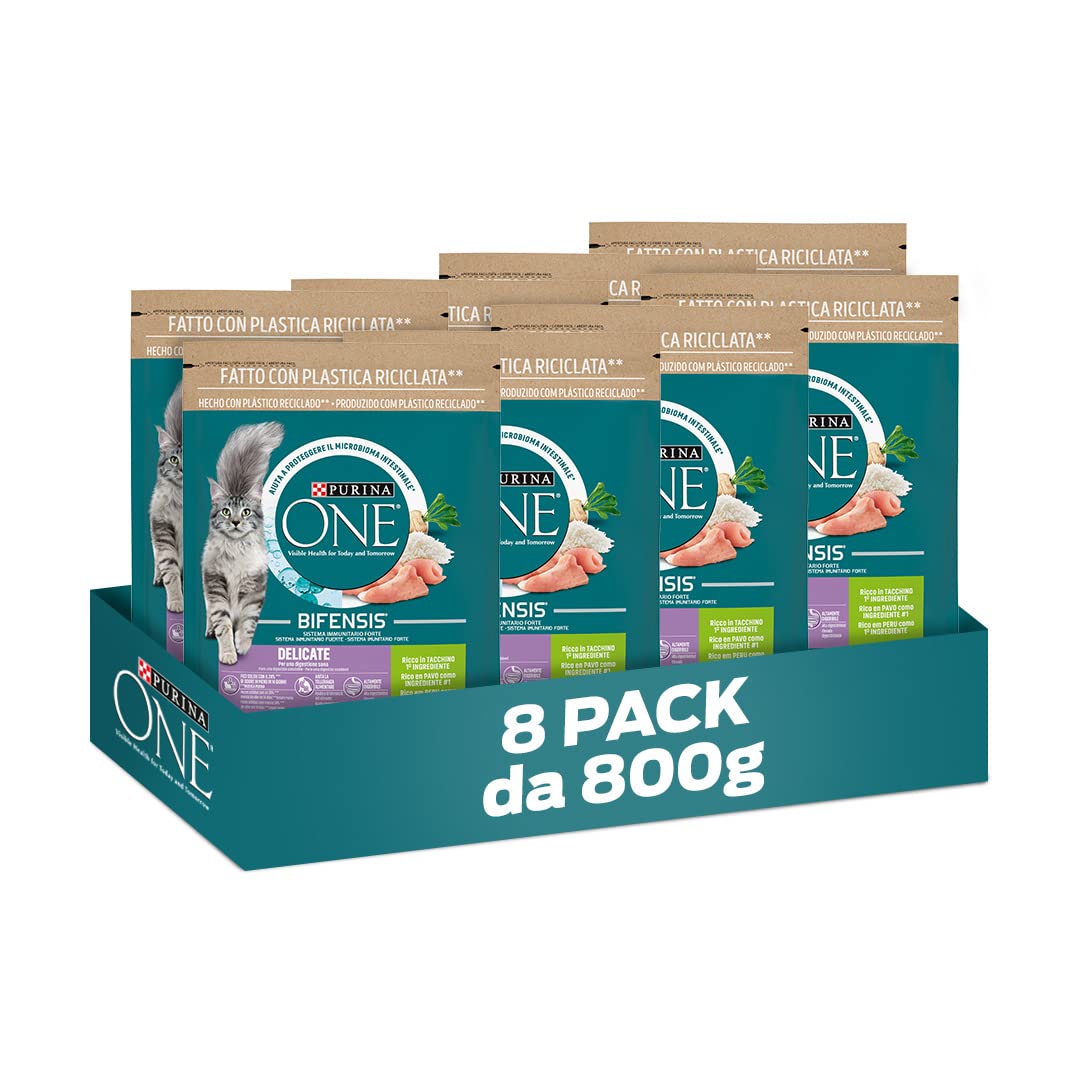 Purina One Bifensis Delicate Crocchette Gatti Tacchino, 8 Confezioni da 800g