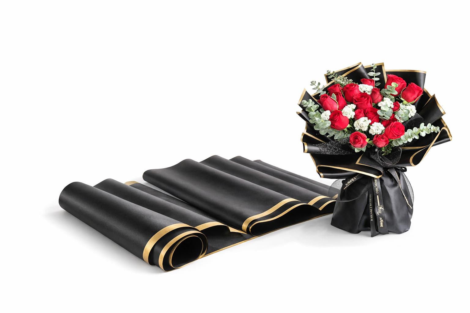 TRAIS Korean Style Waterproof Black Bouquet Wrapping Paper for Flowers, 5 Sheets 58 x 58 cm (60 Microns), Premium Floral Gift Wrap with Elegant Gold Border for Bouquets, Florist Packaging, DIY Gift Wrapping