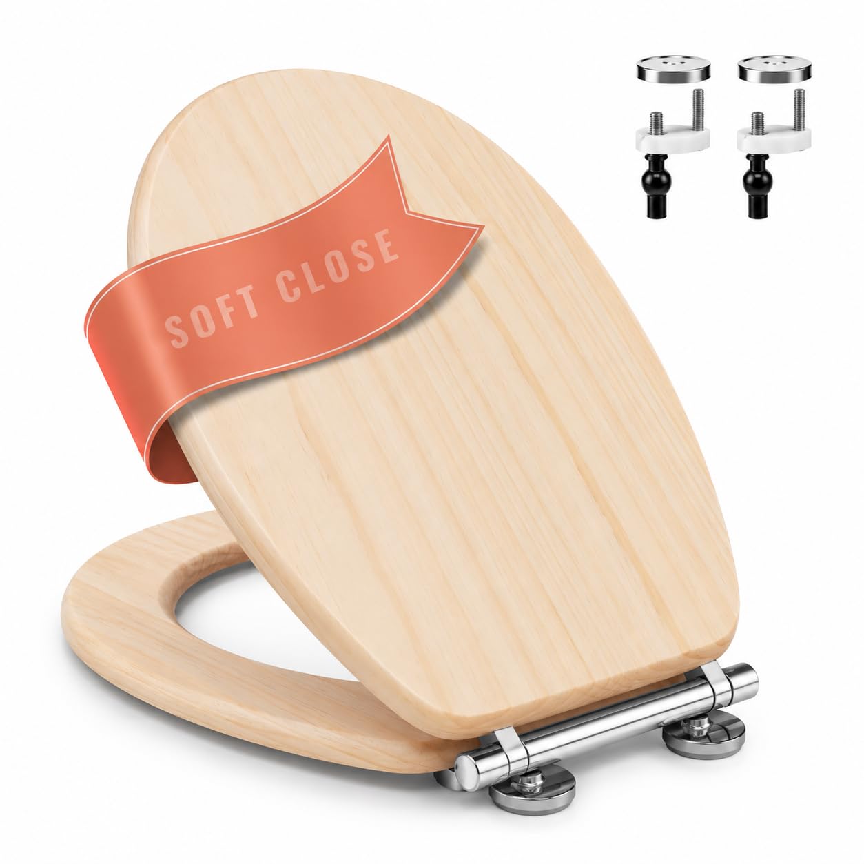 Premium Light Pine Soft Close Toilet Seat MDF Quick Release Chrome Hinges