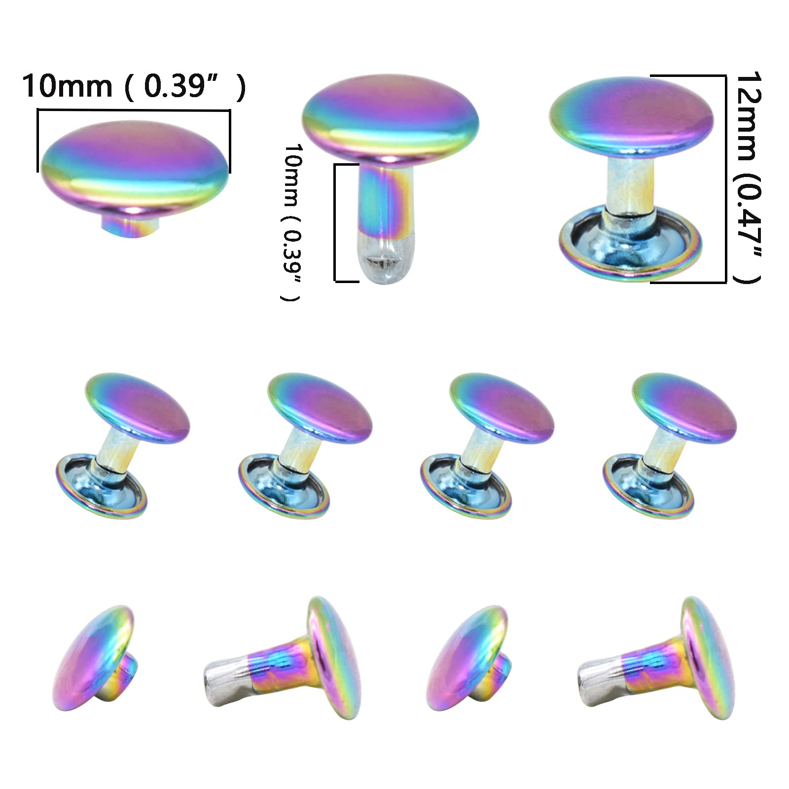 Rainbow Leather Rivets- 10mm Double Cap Rivet Rivets Kit for Leather Craft 60 Sets Repairs Rivets Decoration Rivet Studs for Purse Bags Handbags