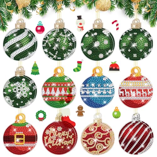 Ecation 24 Pcs Double Sided Christmas Ball Diamond Painting Tree Ornaments Hanging DIY Diamond Ball Keychain Merry Christmas Red Green Tags 5d Hanging Decor for Xmas Home Office Porch Yard