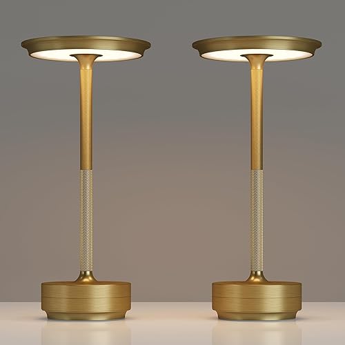 2 Pack Rechargeable Cordless Table Lamps, Portable 5000mAh Battery Table Light, 3 Color Stepless Dimming LED Table Light with Memory Function, for Outdoor/Dinner/Patio/Restaurant.(Gold)