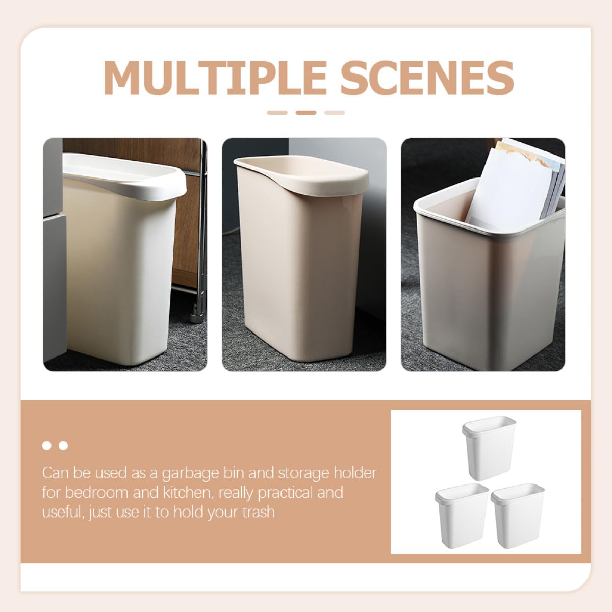 SEWACC 3pcs Nordic Style Rectangular Waste Basket with Built Trash Bag Clip Corner Trash Can for Bathroom Bedroom Kitchen Storage and Home Office Organization