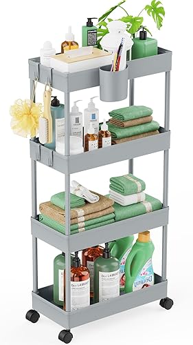 Miniatura 1 de LEHOM Carrito de almacenamiento delgado con ruedas  Organizador de baño de 4 niveles, carrito de utilidad, estantes de almacenamiento deslizantes,