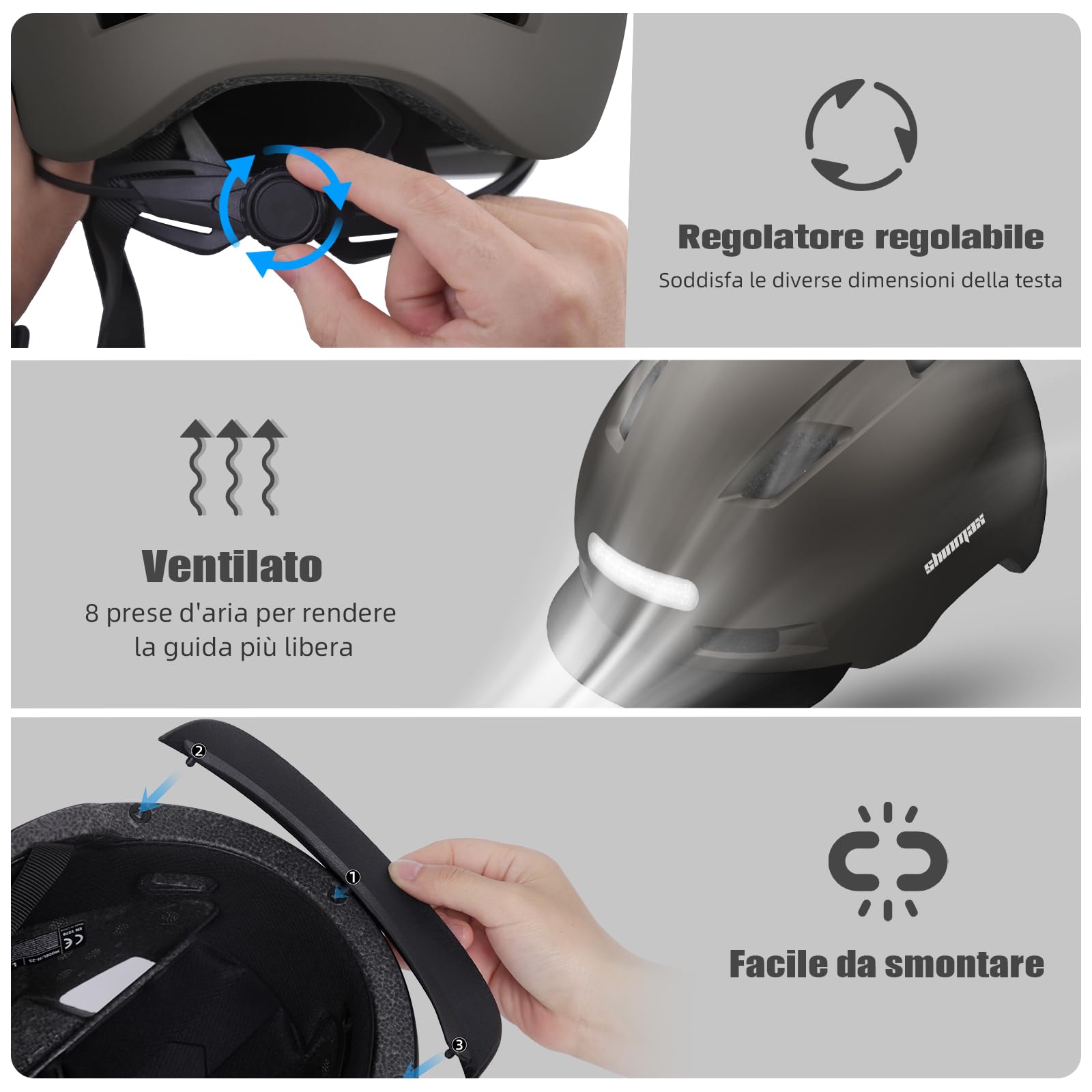 Shinmax Casco Bici Uomo e Donna,5 modalità di Luce e Visiera,USB ricaricabile,Casco Caschetto Bici Uomo per Pendolari Urbani
