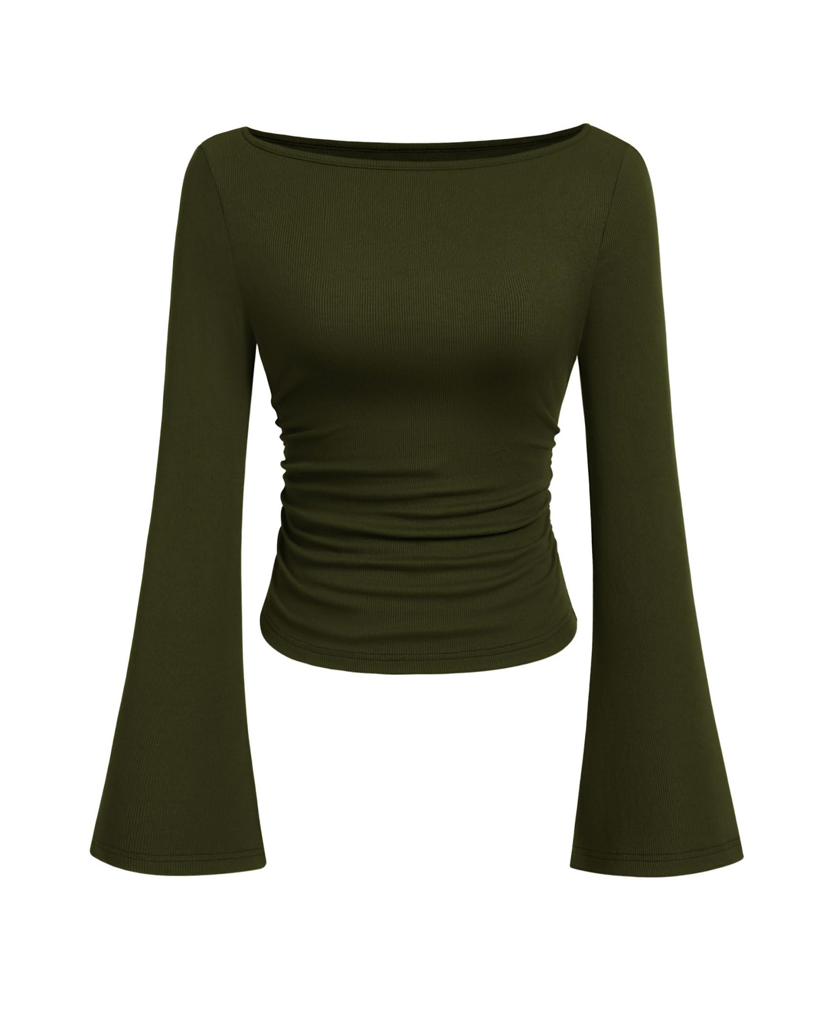 PRETTYGARDEN Womens Bell Long Sleeve Ribbed Knit Tops | Trendy Boat Neck Y2K Cropped Going Out Tops, Ruched Slim Fit Cute Garment Friendly Shirts, Fall Outfits, Fashion Clothing