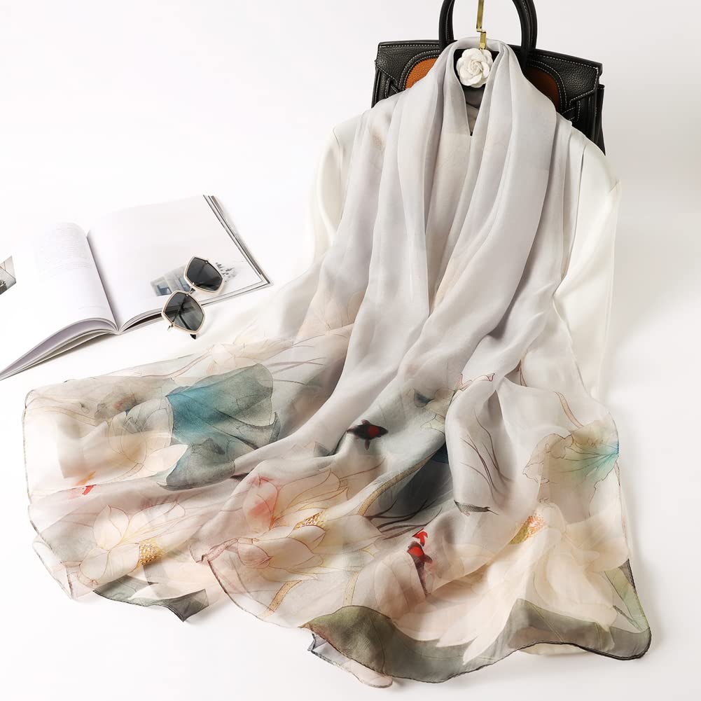 Sciarpa di 100% Seta da Donna Foulard Chiffon con Fantasie Orientale Semi-Trasparente 175 * 110CM Verde