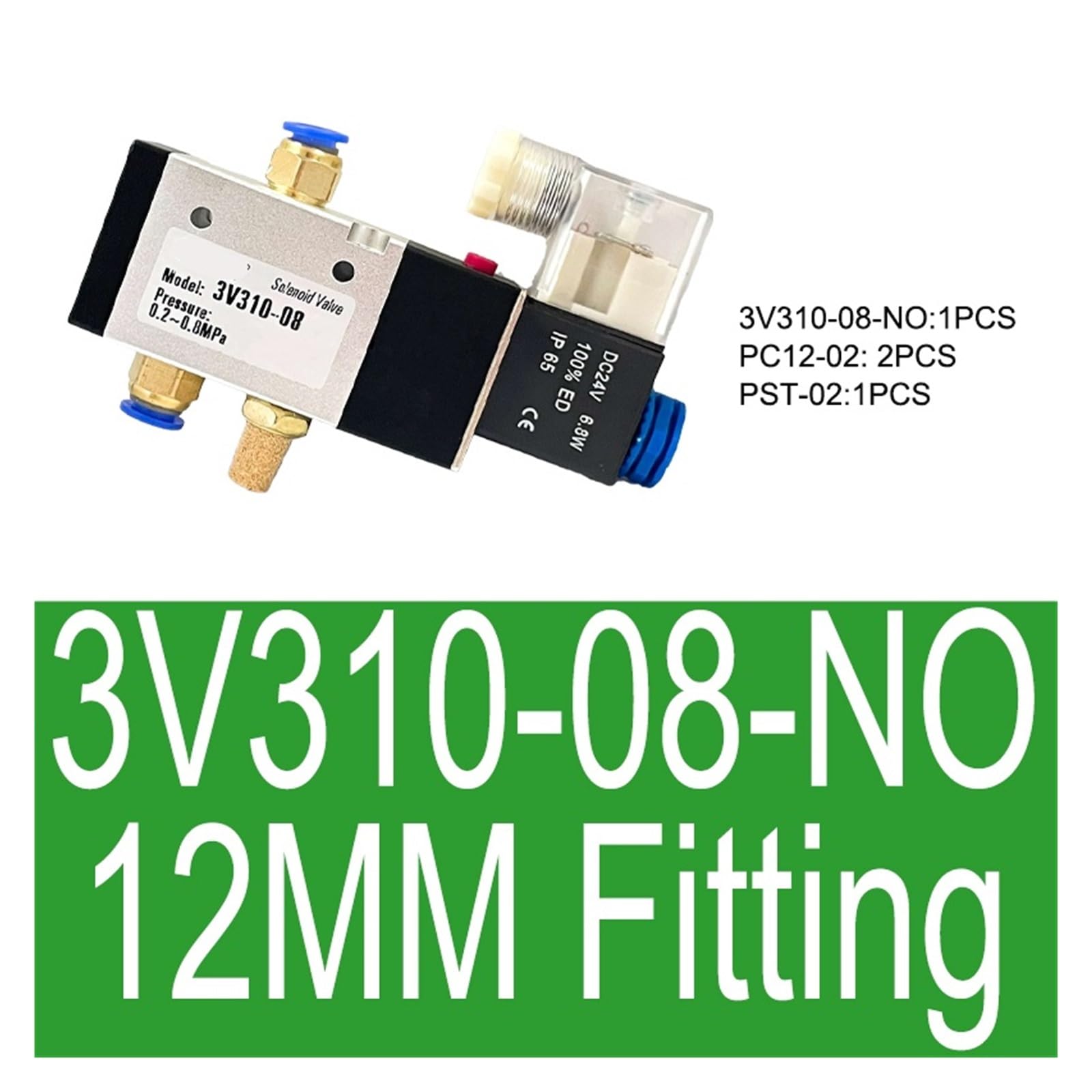 3V310-08/10 Pneumatisches Magnetventil Normal Geschlossen/Offen 3/2 Weg mit Armaturen DC12V 24V AC110V 220V Spule Volt(3V310-08-NO 12MM)
