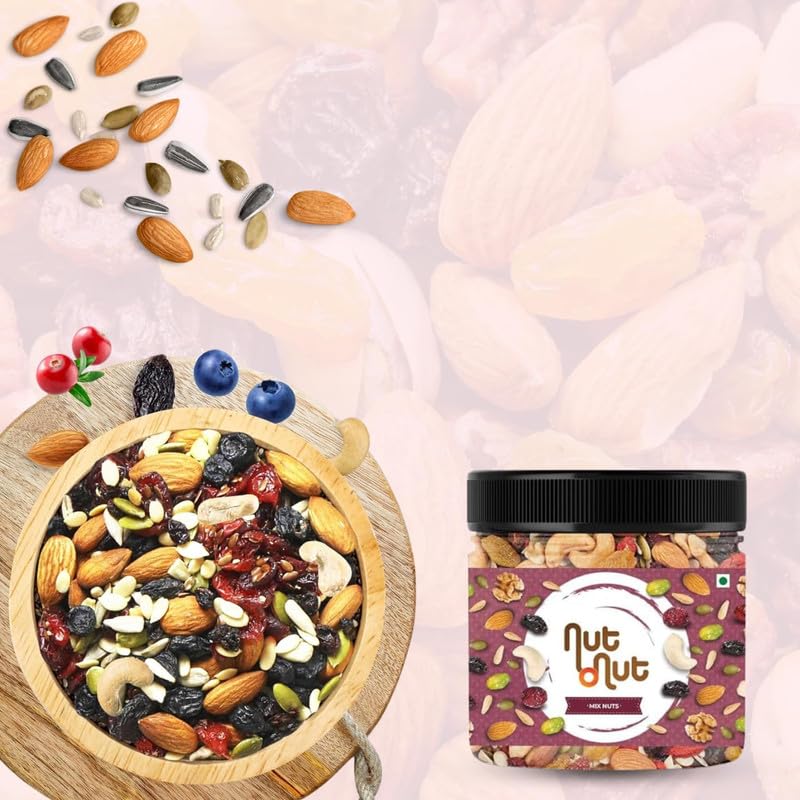 Image of Nut O Nut Healthy Mix Dry Fruits (Almond, Cashew(W240), Walnut, Green & Black Raisin, Cranberry, Sunflower Seeds, Pumpkin Seeds) Nuts and Dry Fruits (Jar Pack) 1KG - Power of 9 Protein-Rich Snack Panchmewa- Diwali Gift Pack