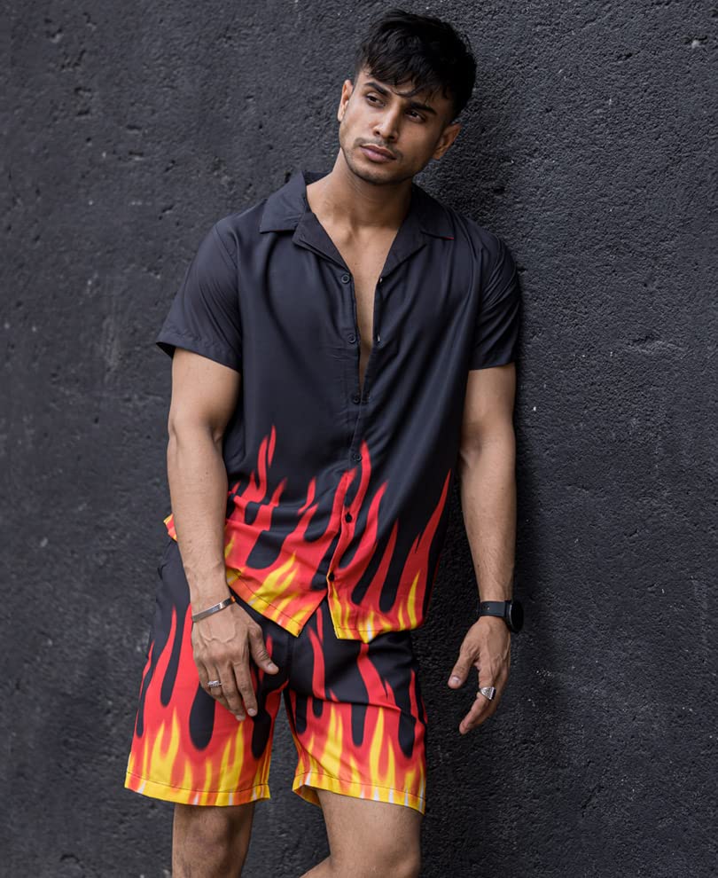 Image of Men's Poly Lycra Digital Printed Shirts with Pajama Shorts Night Suit Set