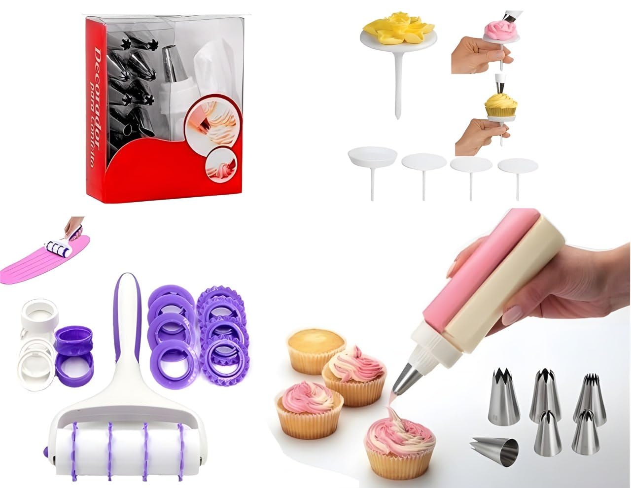 Breewell Cake Flower Nails, Ribbon Cutter, Cake Cream Pastry Decorating Bottle with Stainless Steel Nozzle 4 Combo Set