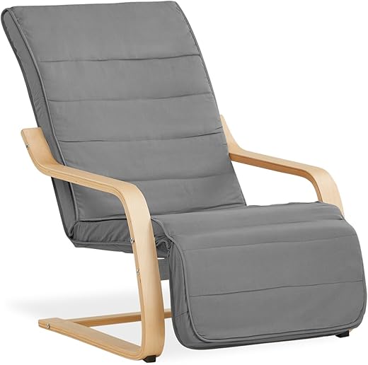 Homestyle4u 2407, Relaxsessel mit Liegefunktion Schwingstuhl mit Armlehne Schwingsessel Wohnzimmer Bezug Grau Holz