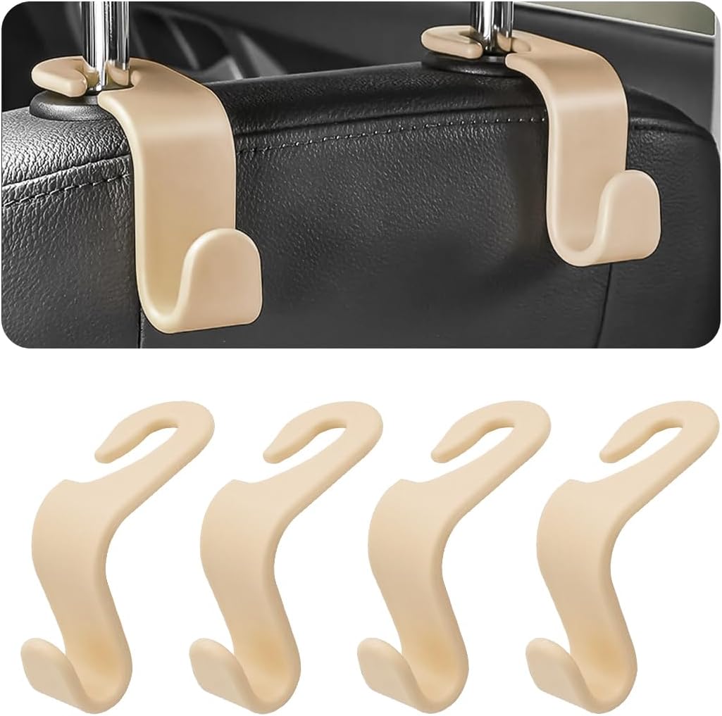 4PCS Car Seat Headrest Hooks, Auto Back Seat Hanger Holder, Durable Stylish Vehicle Organizer Universal Car Interior Accessories, Storage Hooks for Purses, Bags, Clothes, Coats, Hats (Beige/4PCS)