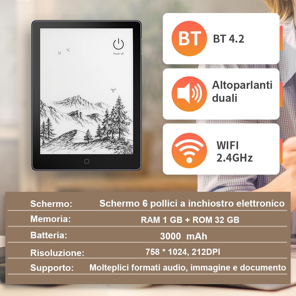 Veidoo - Lettore eBook da 6 pollici con grande schermo E-Ink, 32GB ROM, 758 x 1024, 212 DPI, SMARTlight regolabile, lettore E-book Android, altoparlante integrato, tablet E-Ink con WiFi e cover (Nero)