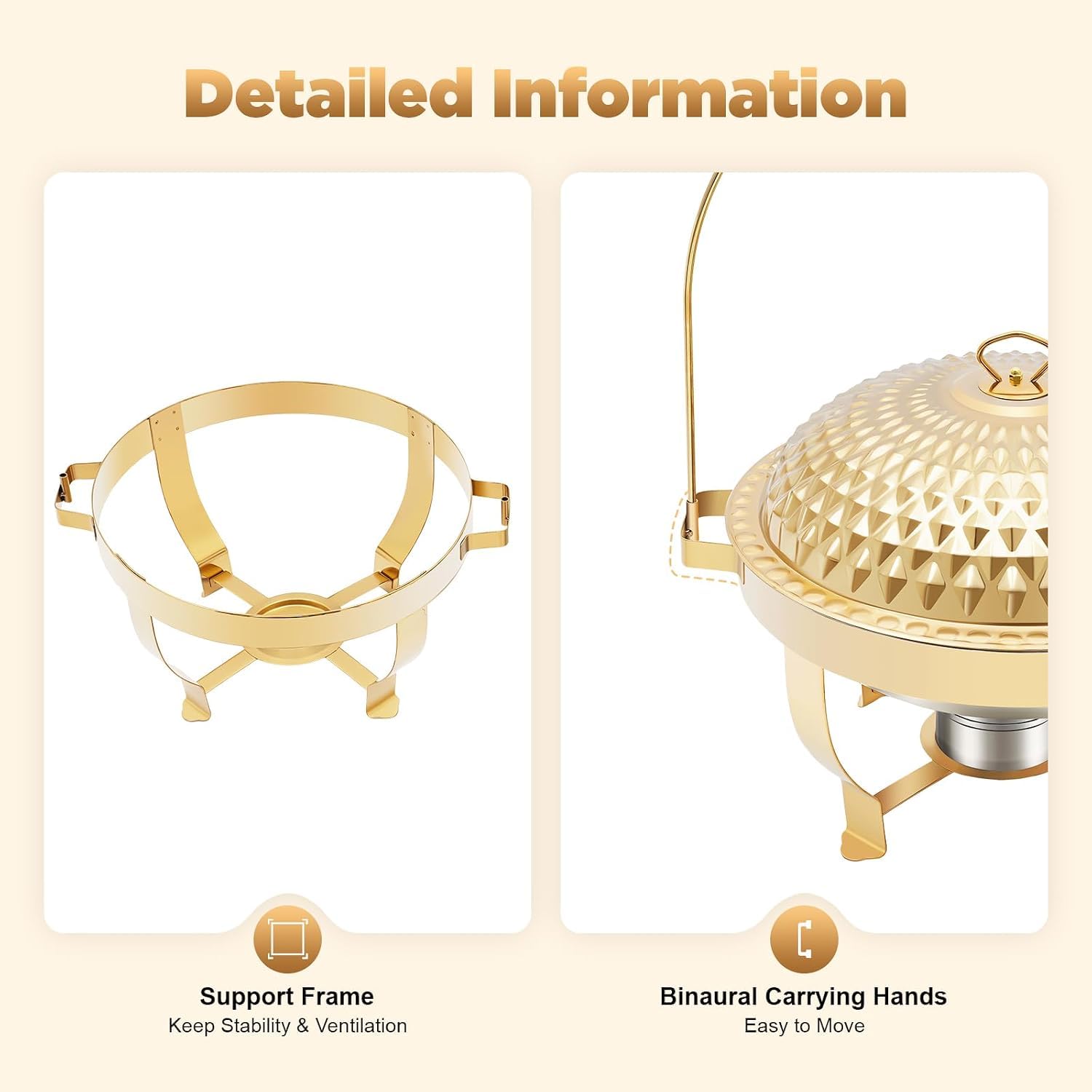 Juego de Calentador de Alimentos Redondo de Acero Inoxidable con Tapa, Estructura de trípode y Soporte para Combustible para Catering, Fiestas y Bodas. (D,8L/8.5Qt)