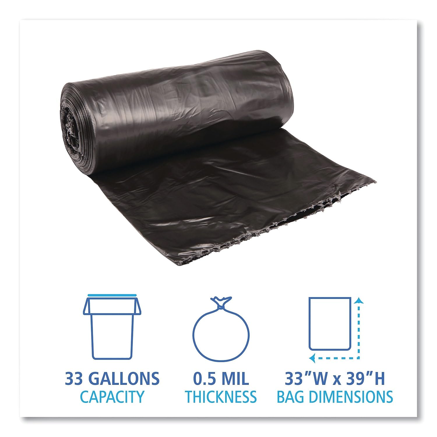 Boardwalk 3339H Medium-Grade Can Liners 33x39 33 Gal .50 Mil Black 25 Bags/RL 8 Rolls/CT