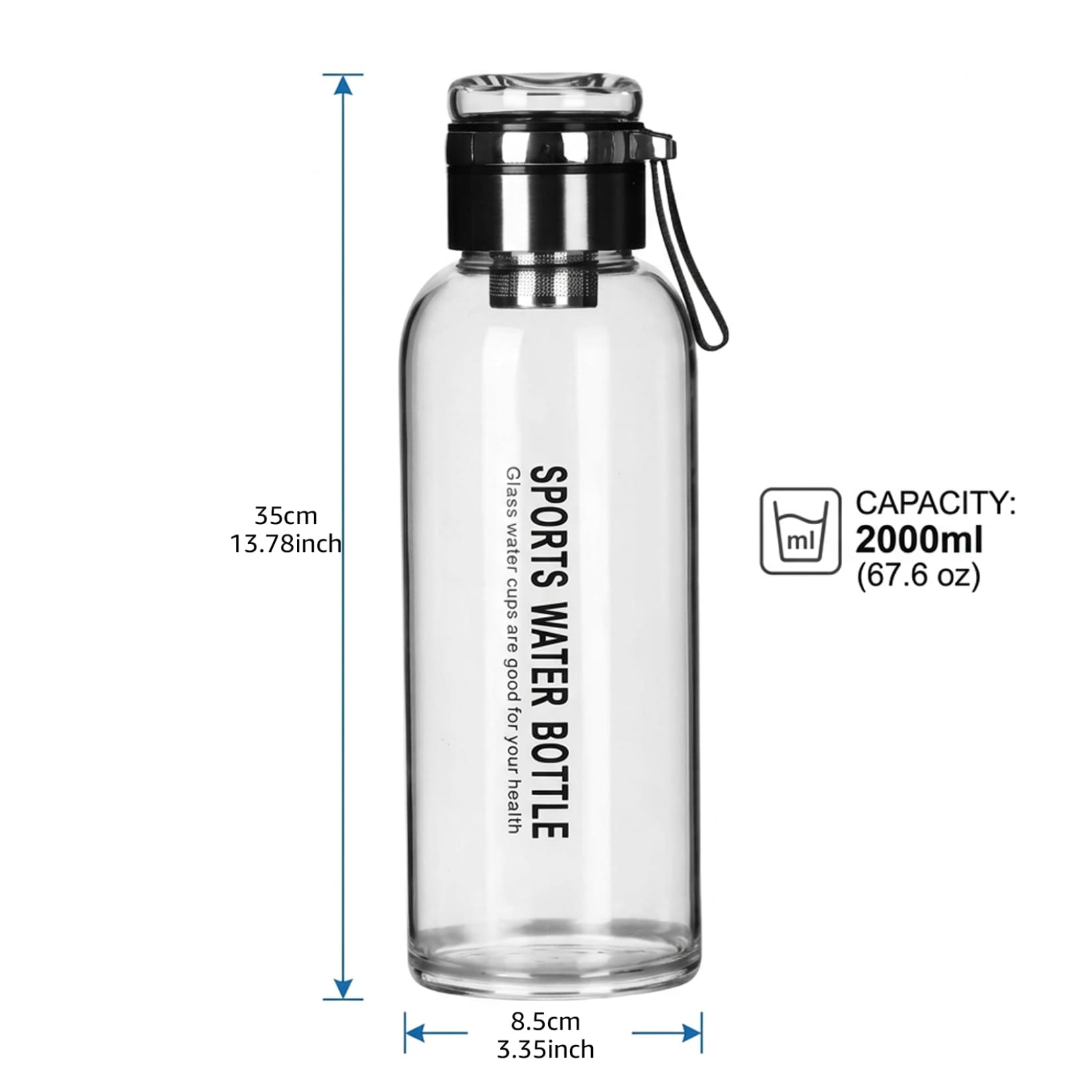 Verres à eau, bouteille d'eau en verre borosilicate, bouteilles incassables de 2 litres avec double couvercle et infuseur à thé, bouteille en verre avec sac de transport pour l'extérieur, le bureau