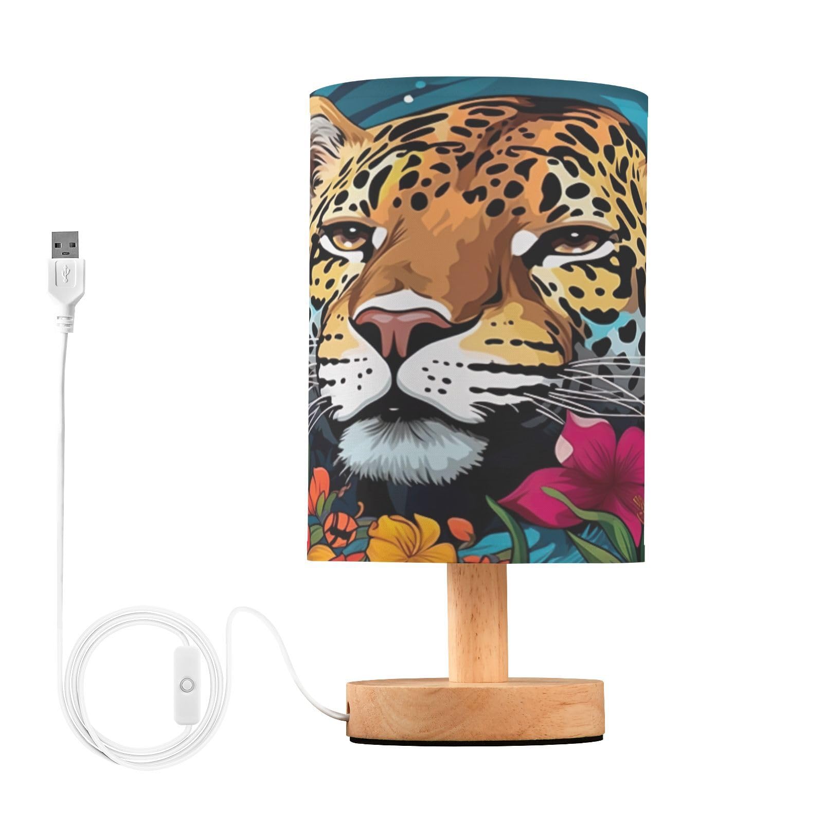 SDMKA Jaguar and Flowers Bedside Table Lamp for Bedroom, Minimalist Nightstand Lamp with Round Fabric Shade for Living Room, Office, No Bulb Required
