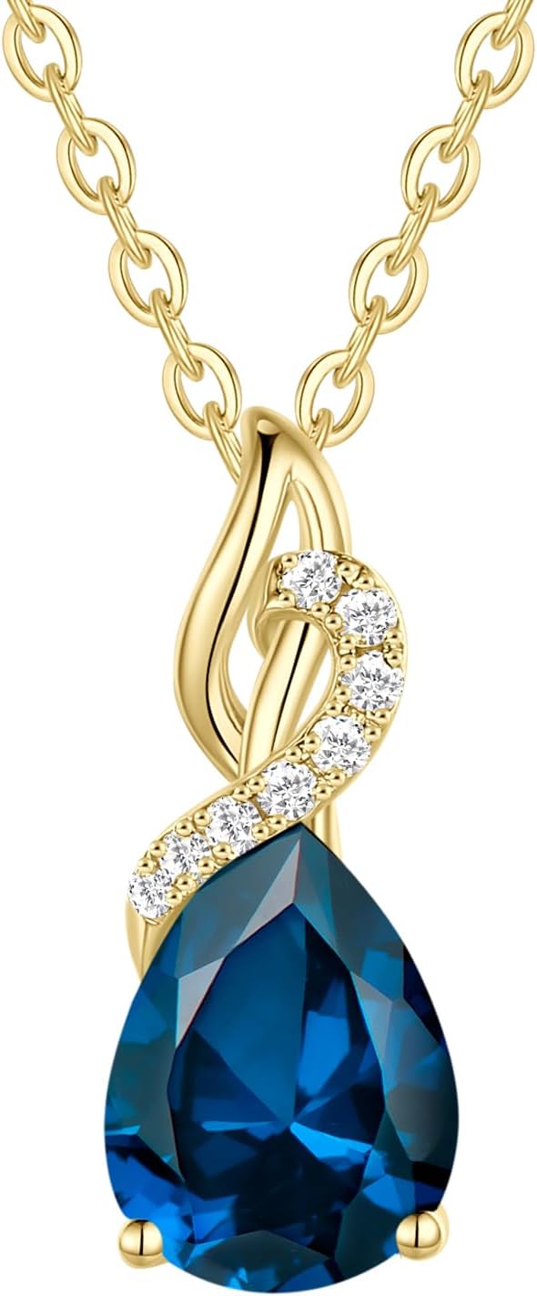 FANCIME 14K Solid Yellow Gold Teardrop Pendant with Diamond Birthstone Necklace Birthday Gifts for Mom Women, Sterling Silver Chain 16" + 2" Extender