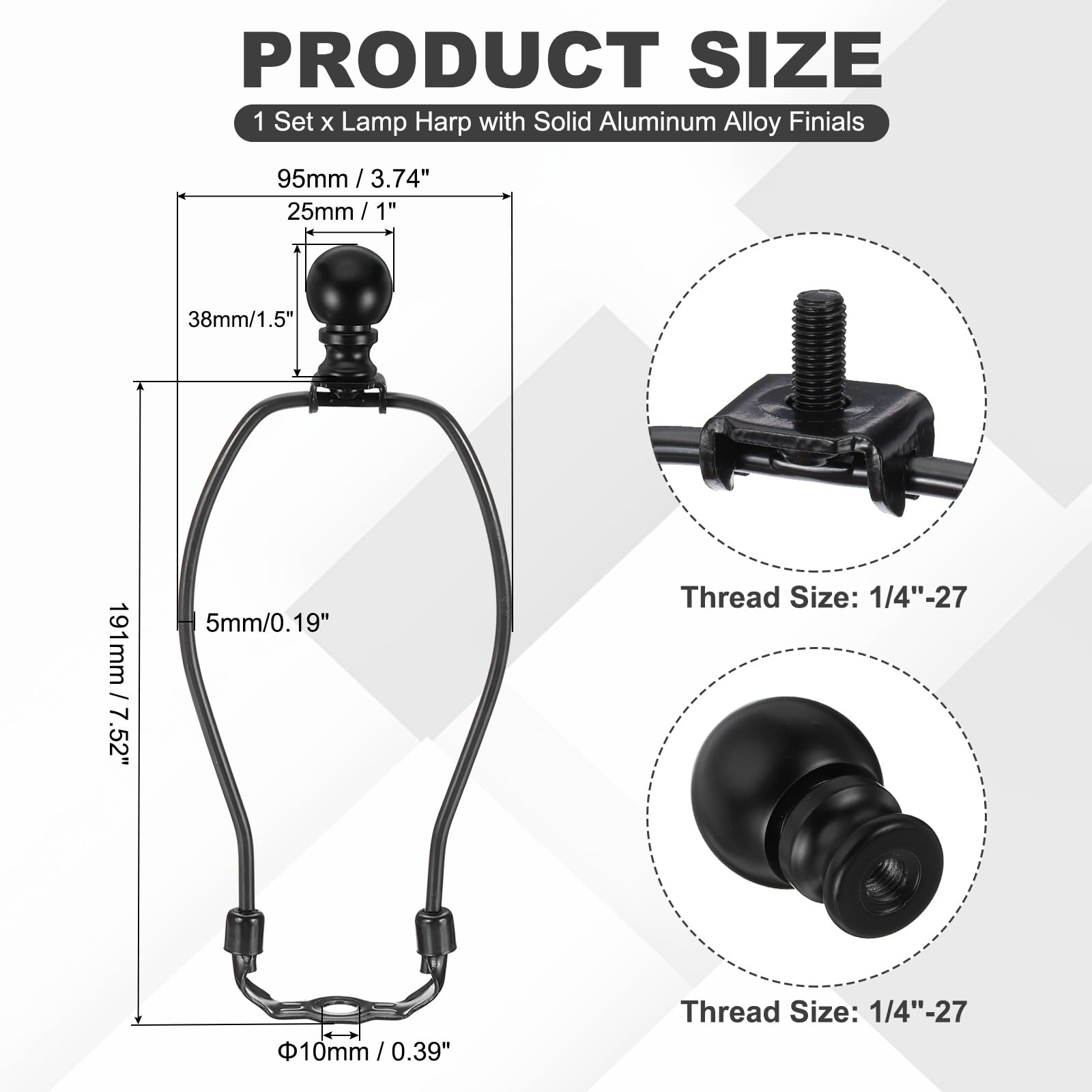 PATIKIL 7.5 Inch Lamp Harp Kit with Finial, 1 Set Detachable Shade Bracket Holder, DIY Lighting Accessories for Table Floor Lamps Black - Image 3