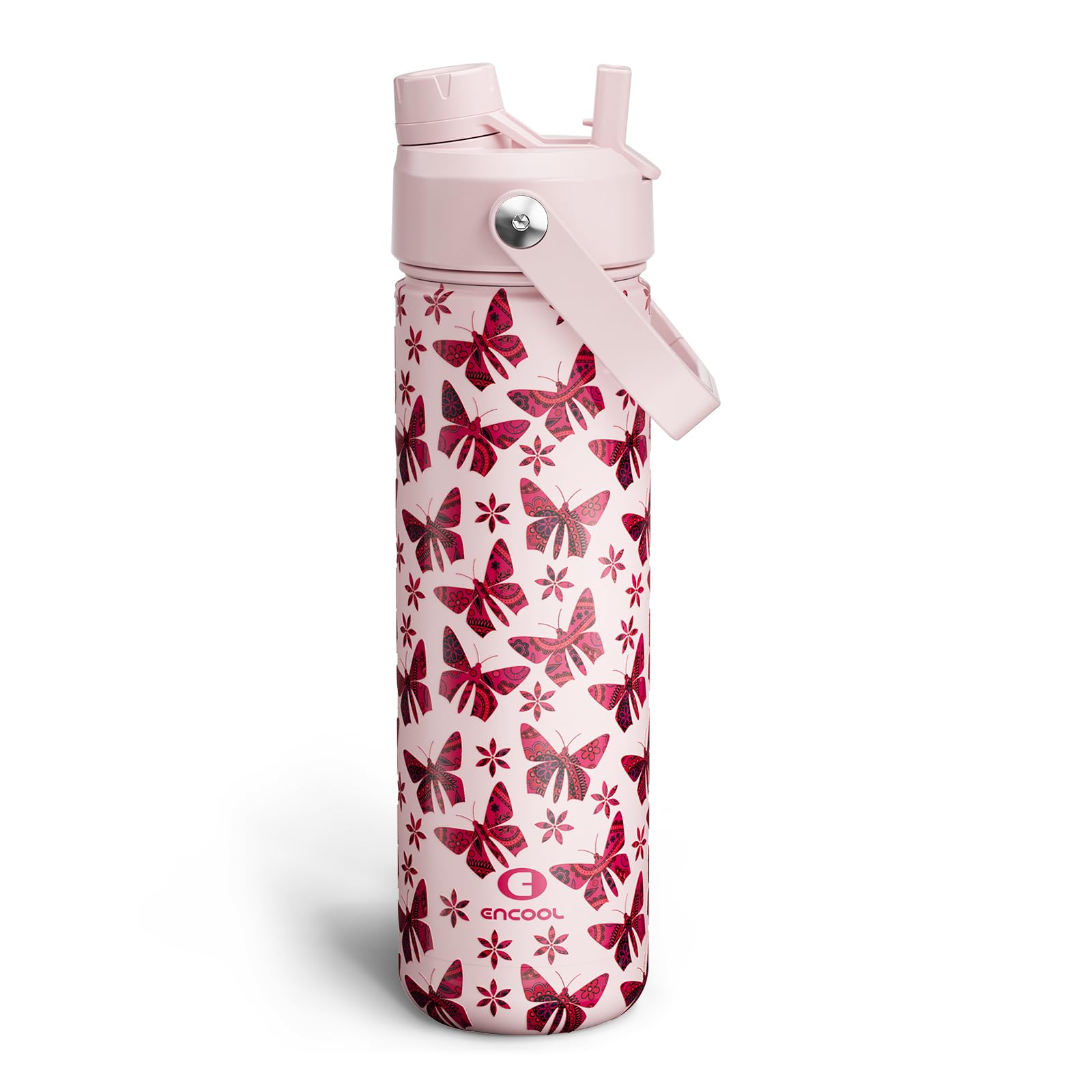 ENCOOL Insulated Water Bottle with Straw Stainless Steel Water Bottle, Leak-Proof, BPA-Free, Double Wall Vacuum Keeps Cold for 24 Hours for Sports, Travel, School (26 oz, Petal Butterfly)