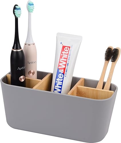 Miniatura 6 de Portacepillos de dientes para baños, soporte para cepillos de dientes de bambú con 5 ranuras, organizador de tocador de baño, encimera para cepillos