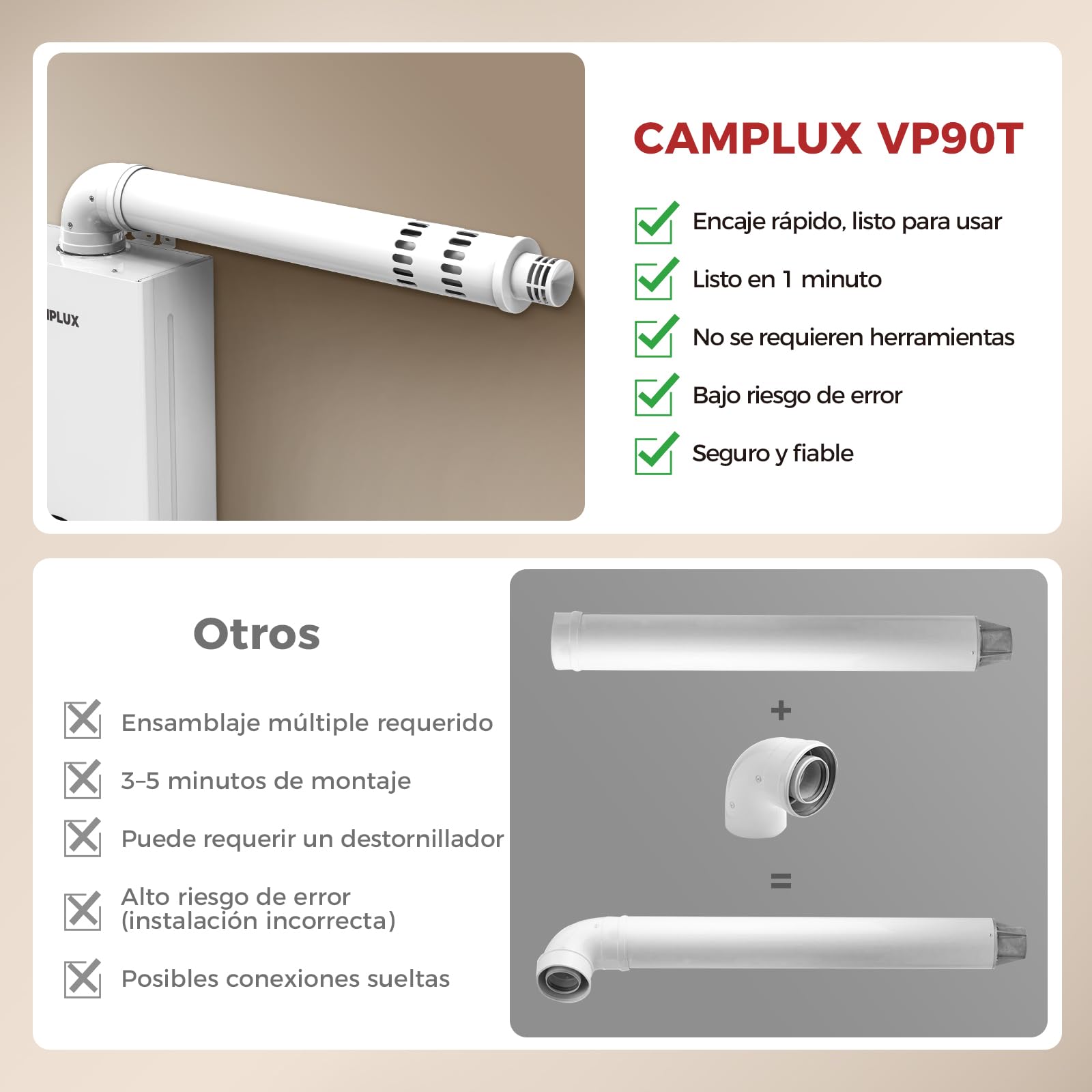 CAMPLUX Kit Coaxial Horizontal 60/100 mm para Modelo GX318 – Codo 90°, Set de Terminal de Pared, Tubo de Aluminio, Compatible con Calentador de Agua a Gas (11-14 L/min), VP90T