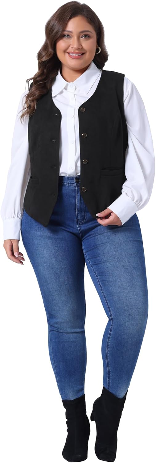 Agnes Orinda Plus Size Vests for Women Fully Lined 4 Button V-Neck Business Dressy Tuxedo Suit Vest Waistcoat - Image 3