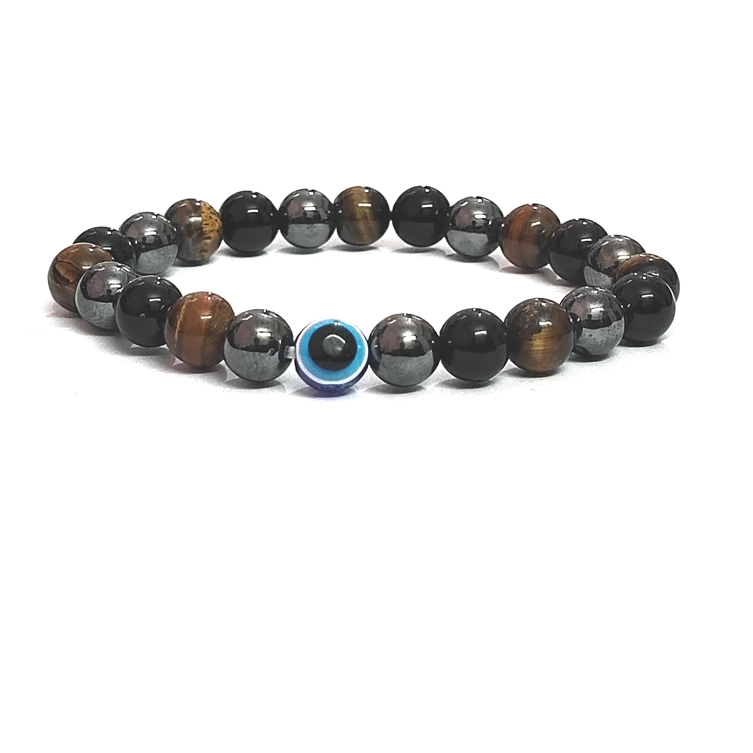 ASTROGHAR Natural Black Obsidian Hematite Tigers Eye Crystals Triple Protection With Evil Eye Crystals Bracelet For Men And Women, Standard, Crystal, Tiger's Eye