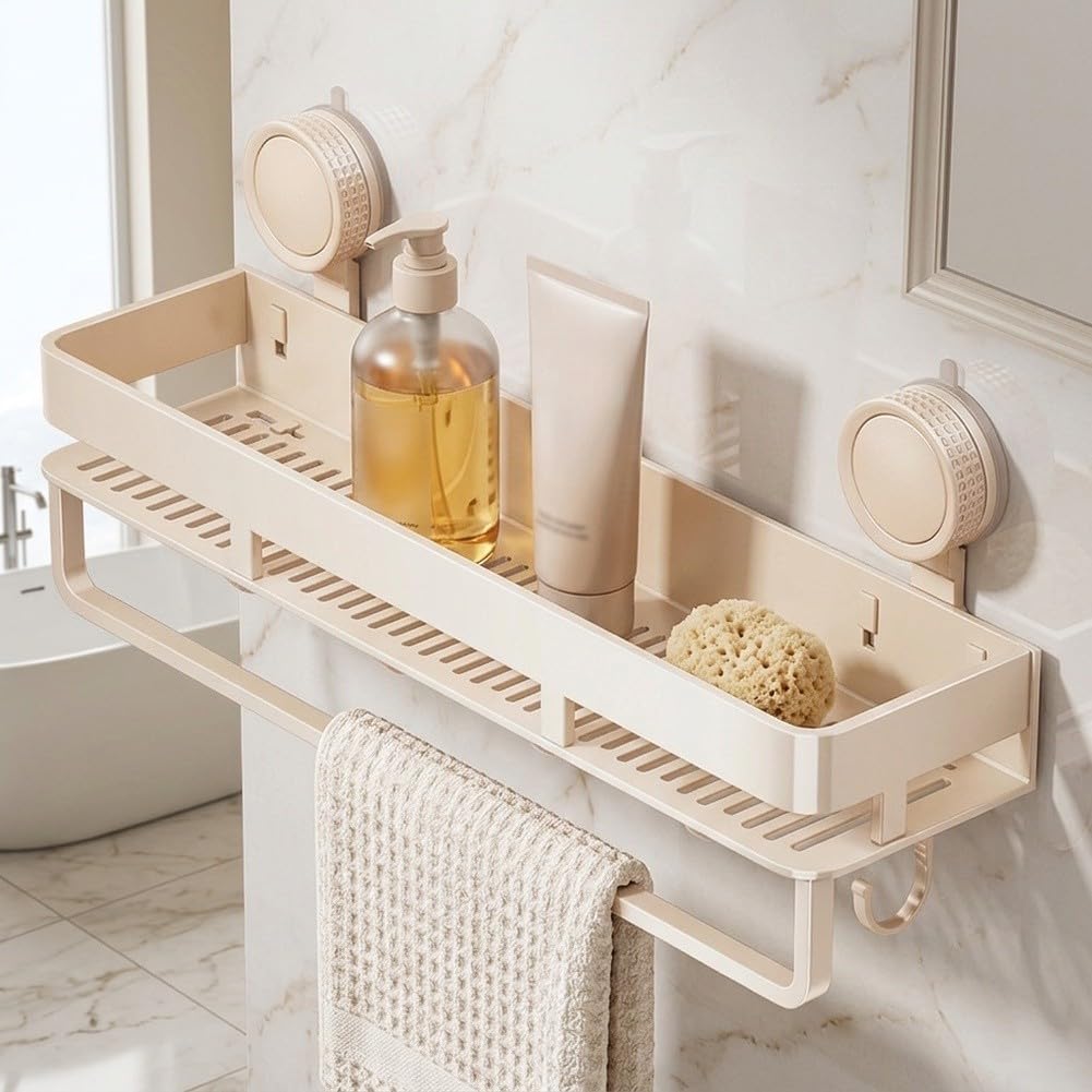 Organizador de ducha sin taladros montado en la pared, estantes de baño inoxidables con fuerte succión para almacenamiento de artículos de tocador, color crema, 40 x 12 x 19 cm