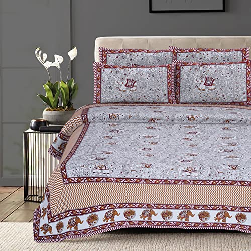Image of Brand Elephant Printed Comfort Sleep 144 TC 100% Cotton King Size Double Bedsheet with 2 Pillow Covers, Coffee