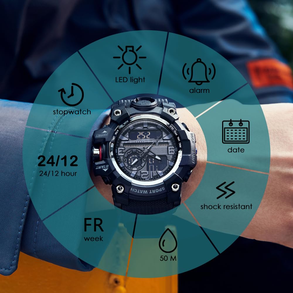 findtime Unisex Sportuhren für Herren und Damen Armbanduhr Herrenuhr Damen Digital Uhr Tactical Watch Outdoor Digitaluhr für Jungen und Mädchen mit LED-Leuchtdisplay