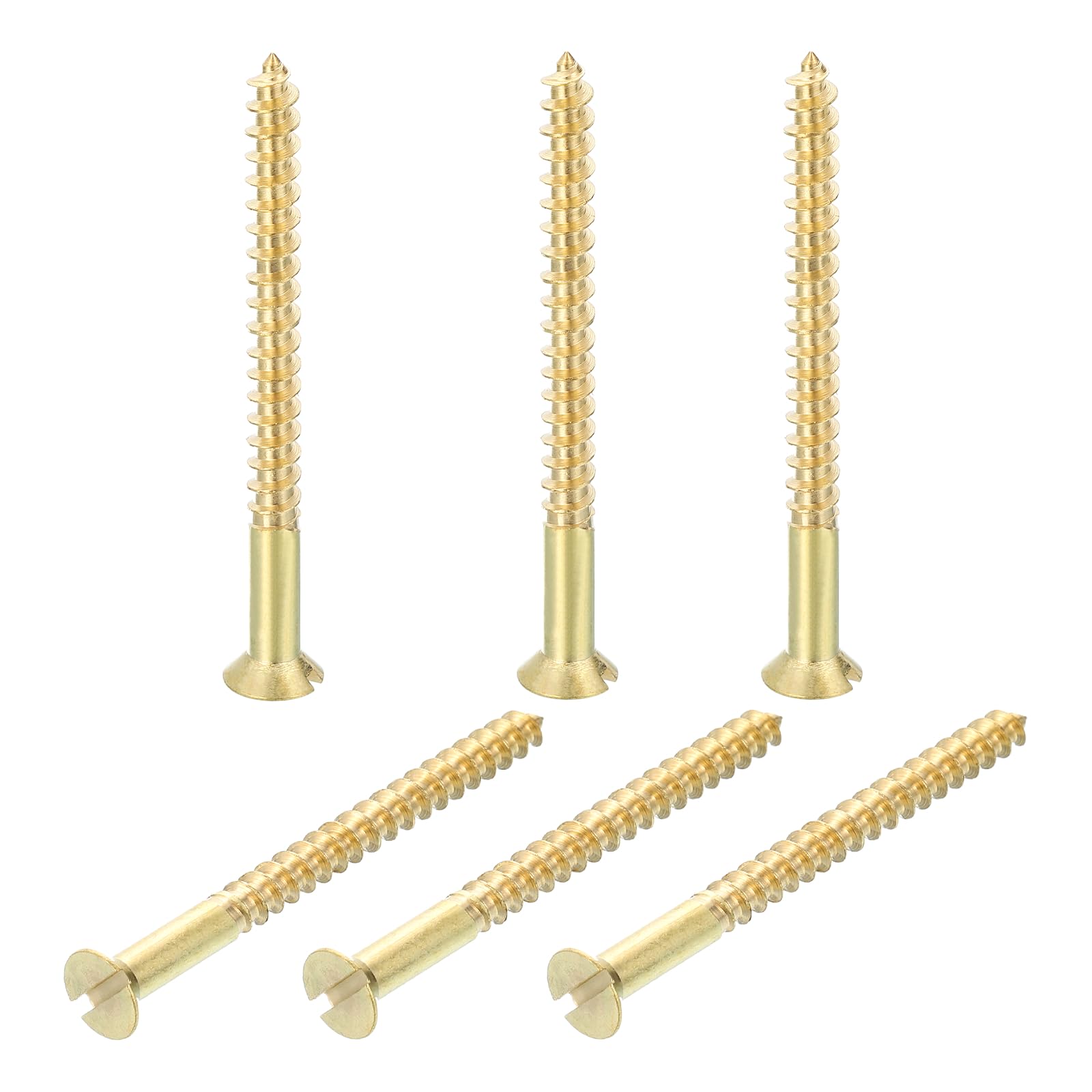 sourcing map 6 Pcs Brass Screws, M5 x 60mm Solid Slotted Drive Flat Head Self-Tapping Wood Screw Fasteners for Woodworking Furniture Repair Photo Frame Drywall Home Appliances, Gold