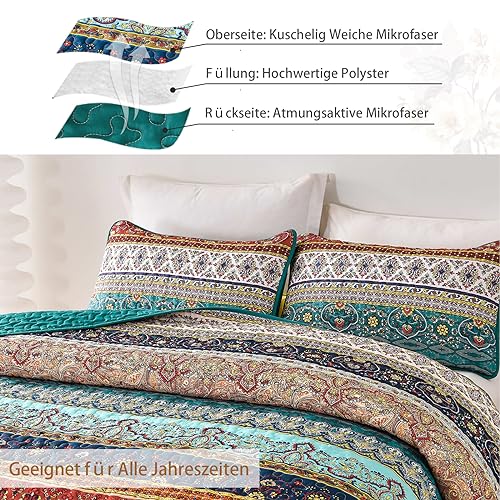 WONGS BEDDING Colcha de cama de 220 x 240 cm, manta bohemia de 3 piezas, edredón acolchado de microfibra con 2 fundas de almohada de 50 x 75 cm para dormitorio como manta de sofá (marrón) - imagen 5