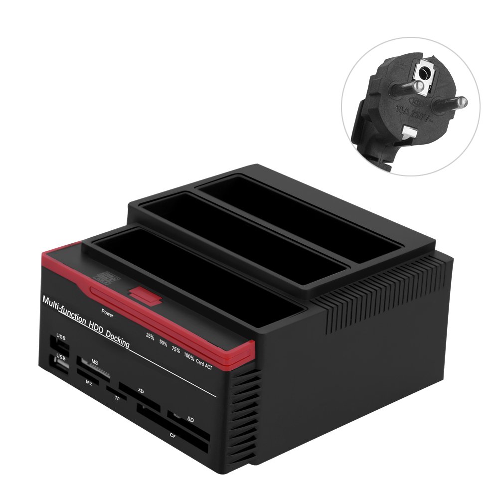 Stacja dokująca SATA HDD, Asixx 2,5 cala 3,5 cala Dual-Bay USB3.0 SATA / IDE stacja dokująca HDD Offline Clone HUB Reader Obsługa M2/MS / TF / SD / MMC / MS / CF / XD Slot(EU)