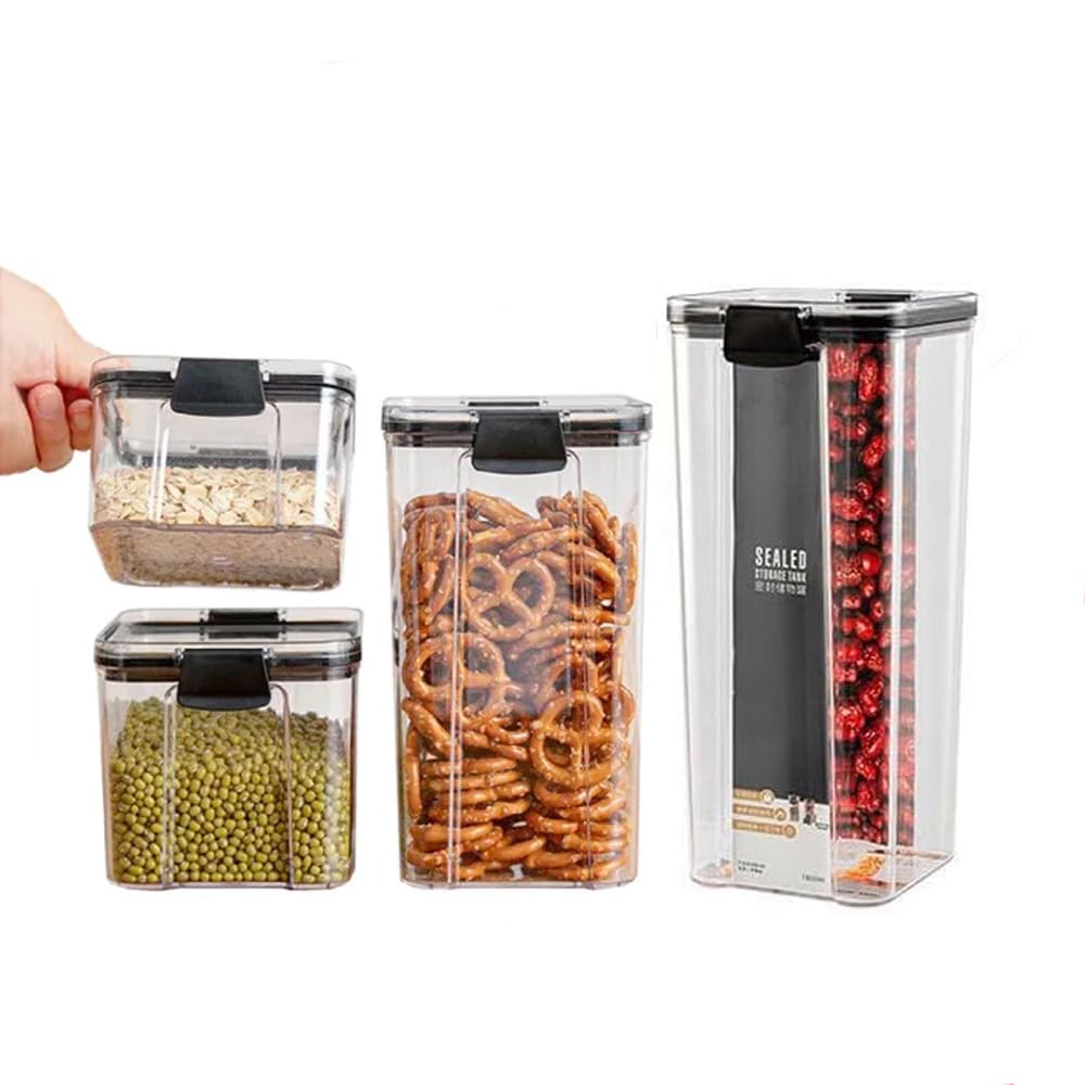 AMERTEER 4Pcs Airtight Food Storage Container Set | Plastic Pantry Jars with Lids | Containers for Kitchen Organization | Clear Organizing Jar for Pasta, Sugar, Spaghetti, Flour, Rice, Cereal & Grains