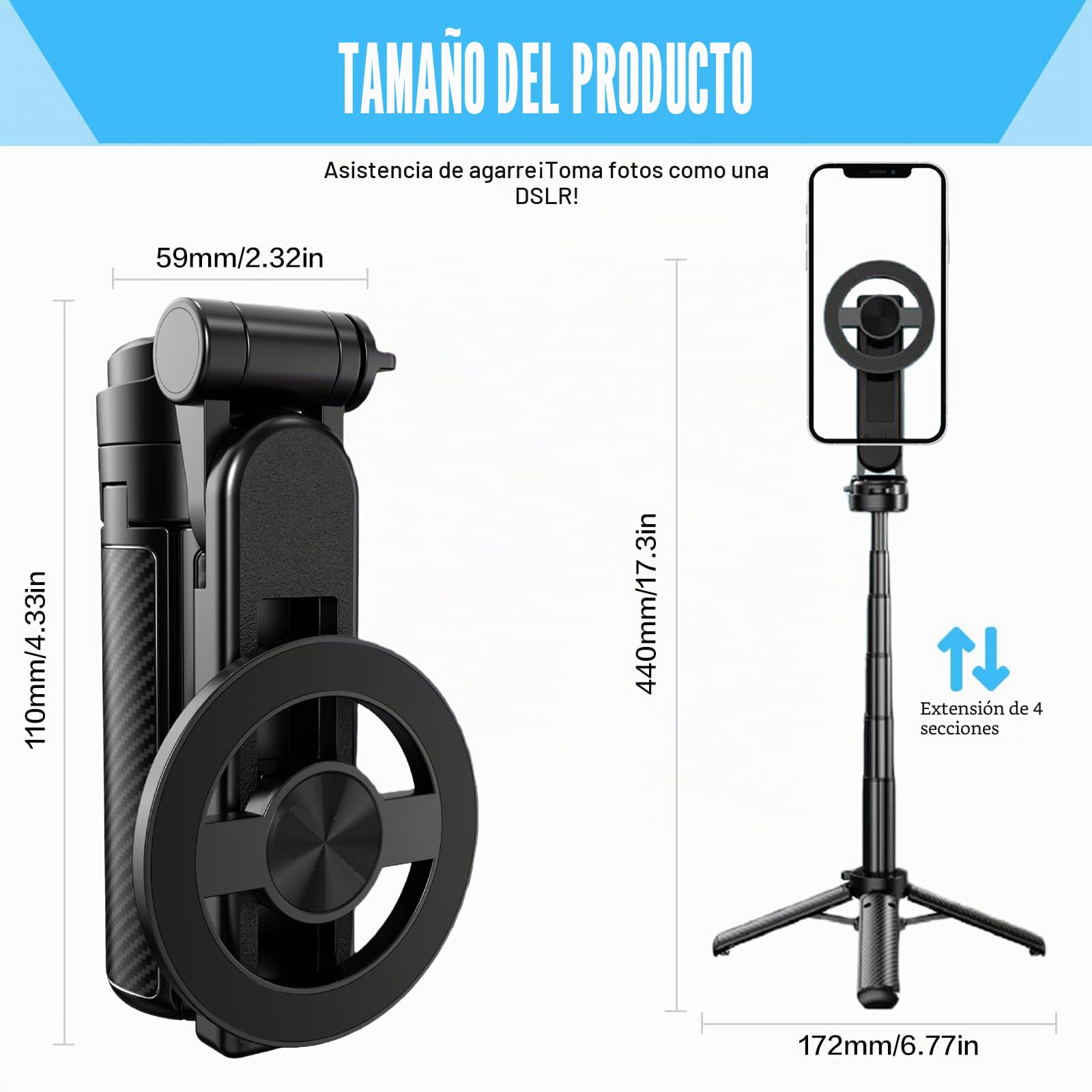 Palo selfie multifunción 4 en 1 con rotación de 360°, palo selfie magnético, mini trípode para cámara con mando a distancia inalámbrico, soporte para teléfono móvil para iPhone Android