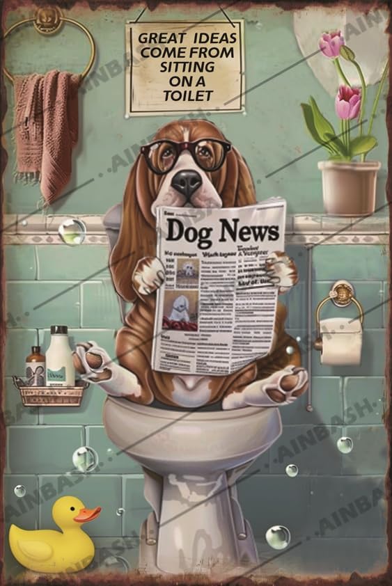 Basset Hound - Letrero de metal con texto en inglés Basset Hound para leer periódico, decoración de baño retro para baño, baúl o basset hound,