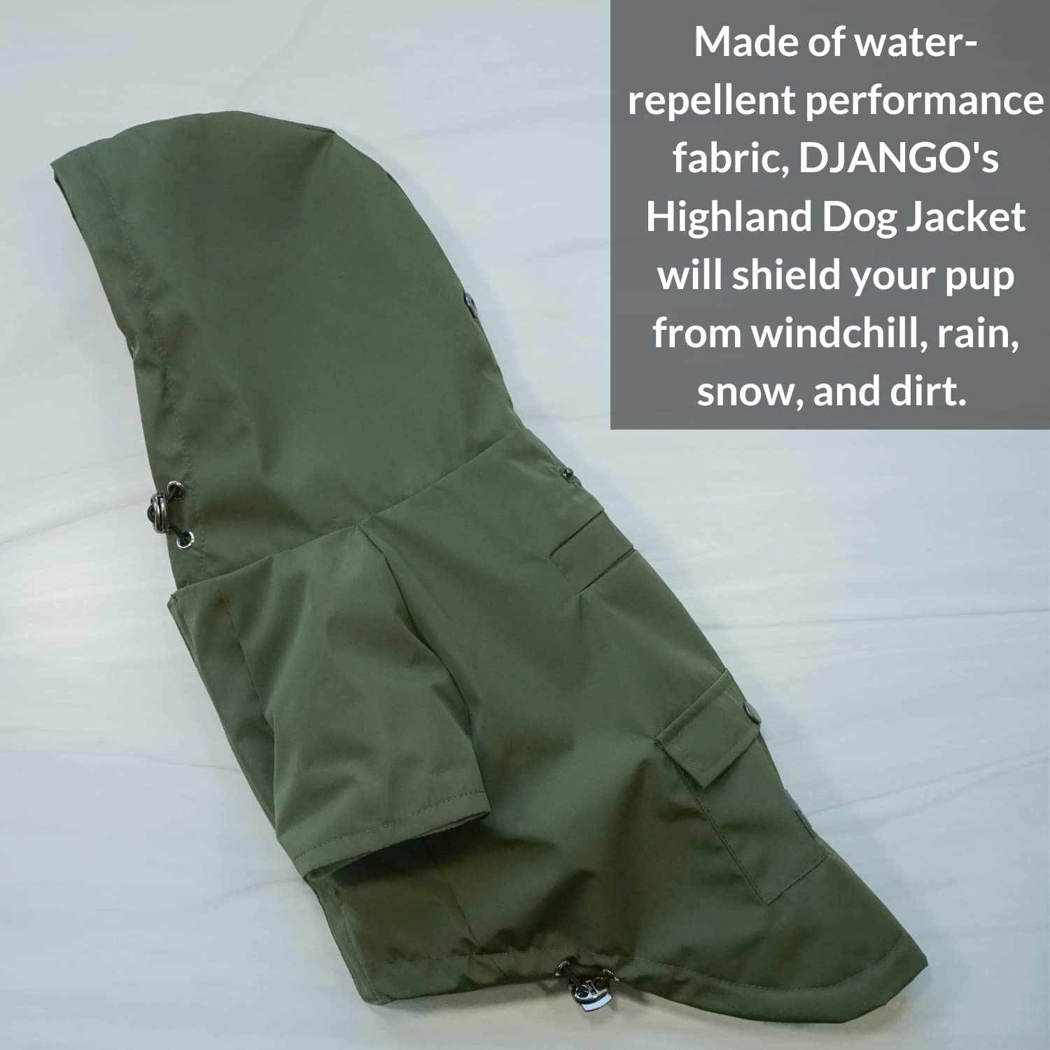 DJANGO Highland Dog Jacket - Waterproof Dog Coat with Hood - Adjustable Lightweight Olive Jacket for Small Dogs and Medium Dogs with Harness Hole, Cozy Lining and Back Pocket (Small, Olive)
