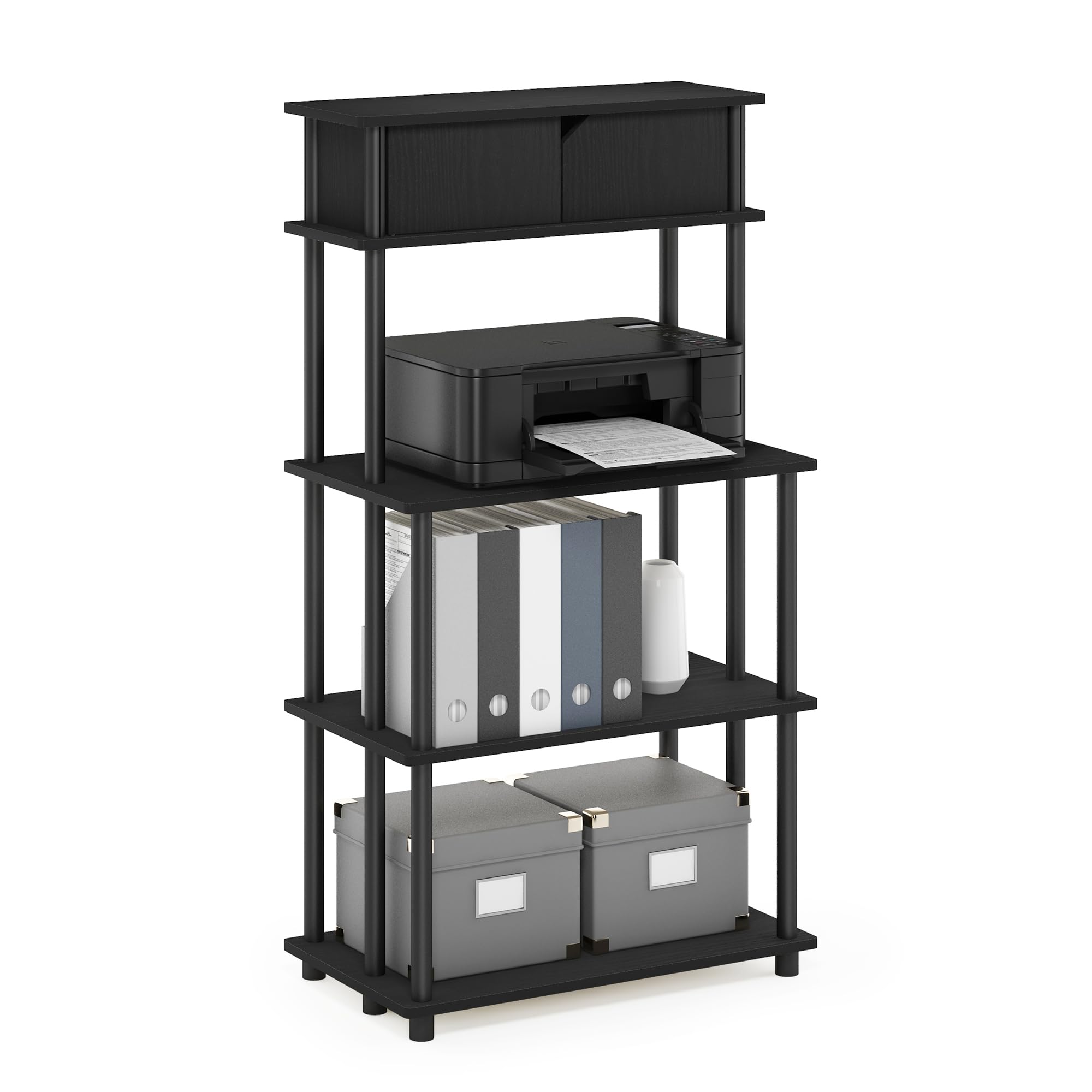 Furinno TURN-N-TUBE Printer Stand with Storage, 5-Tier Large Printer Stand, Printer Table with Top Cabinet, for CPU, Office Supplies, Dark Americano