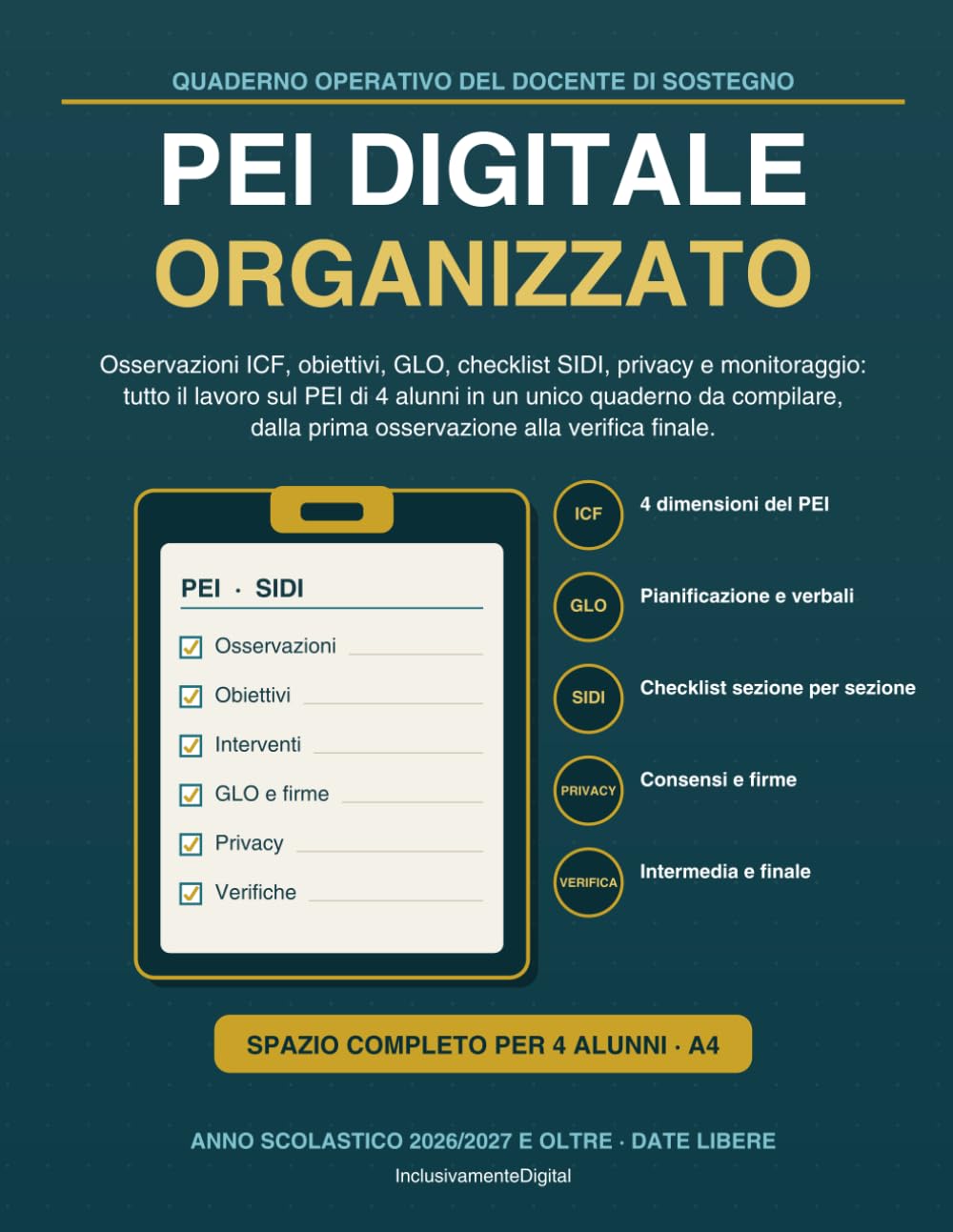 PEI Digitale Organizzato - Quaderno Operativo del Docente di Sostegno: Osservazioni ICF sulle 4 dimensioni, obiettivi, pianificazione GLO, checklist SIDI, privacy e verifiche: quaderno da compilare.