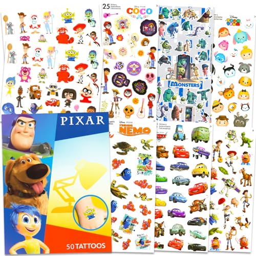 Disney Pixar Movies Temporary Tattoo and Sticker Set - Party Favors Bundle with 50 Temporary Tattoos and 150 Stickers | Disney Pixar Party Supplies