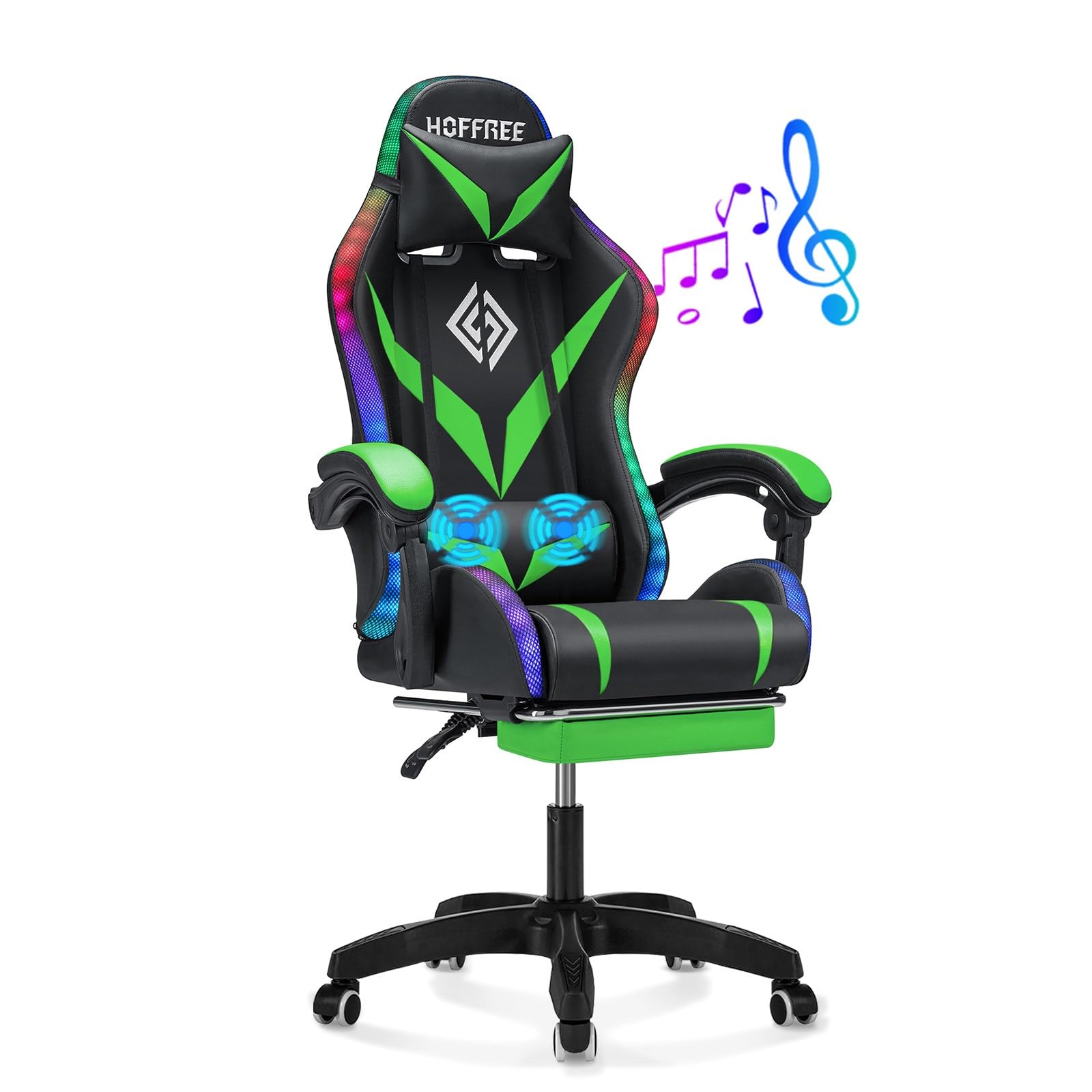 HOFFREE RGB Gaming Chair with Speakers and Massage Ergonomic Computer Chair with Lights and Footrest Reclining Video Game Chairs for Adults Green and Black