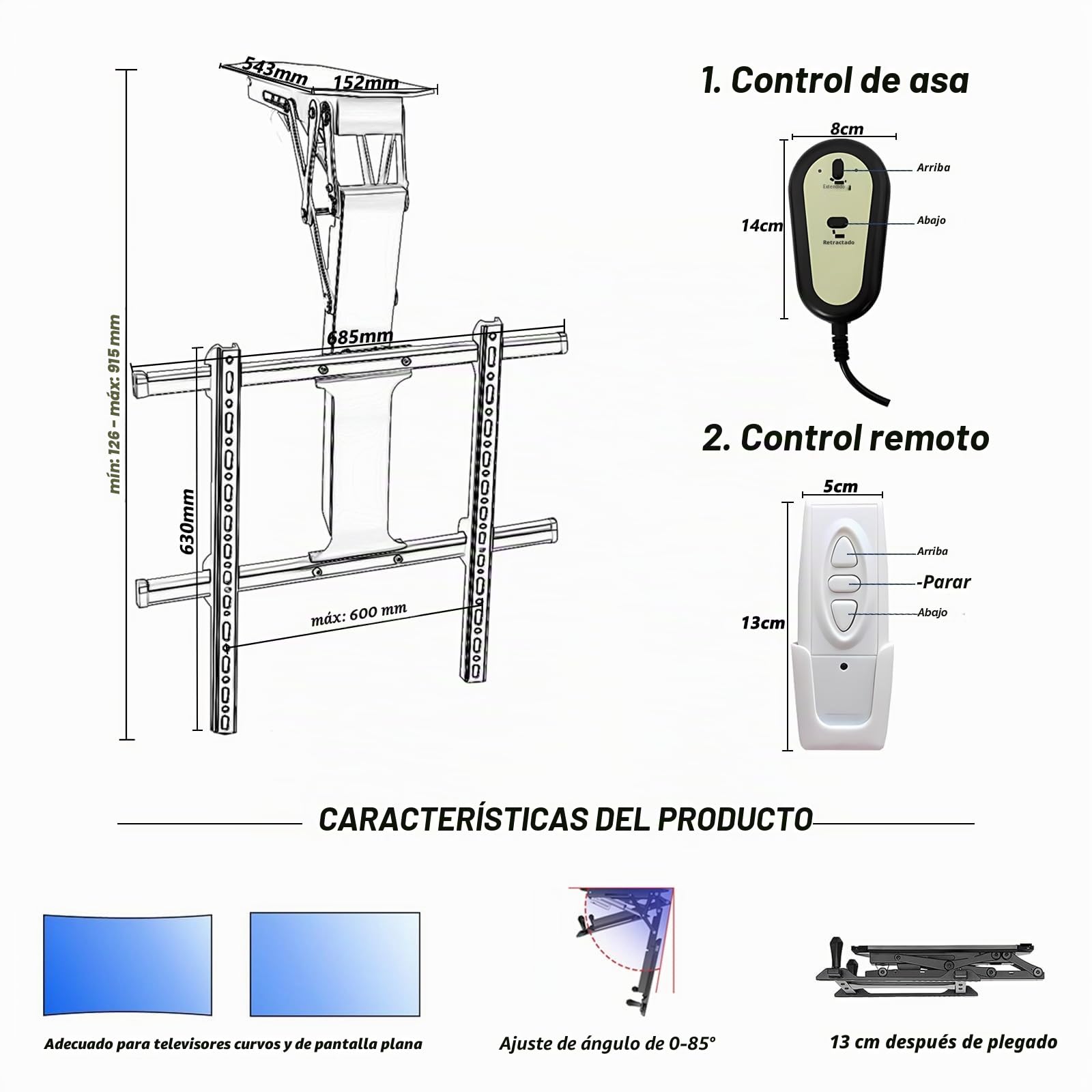 Soporte TV Techo motorizado, Ajuste de ángulo de 0 a 85° Soporte motorizado para TV de 32 a 70 Pulgadas, Control Manual y Remoto, Capacidad de Carga de 45 kg, VESA máx 600 x 400 (32-70 Inch White)