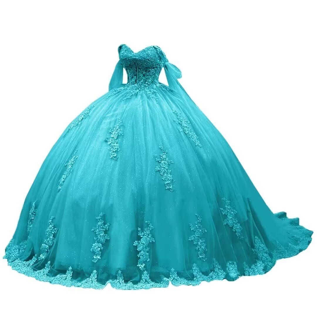 Women's Off Shoulder Quinceanera Dresses Ball Gowns Puffy Tulle Long Formal Prom Evening Dresses Lace Appliques
