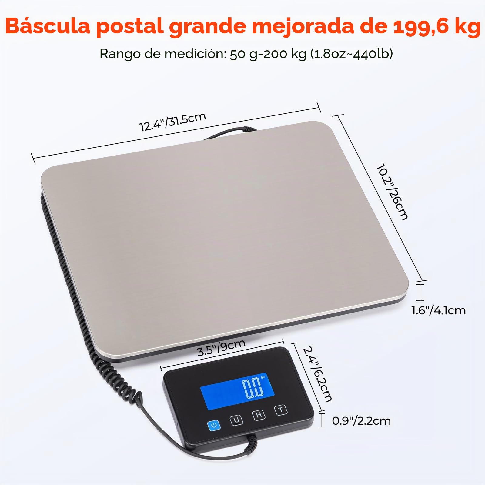 MUNBYN Bascula Industrial, Balanza Postal 200kg/50g, Bascula Maletas Viaje, con Función de Retención/Tara, Pantalla LCD, Acero Inoxidable, para Equipaje y Almacén, Incluye 2 Pilas AAA y Cable Tipo C